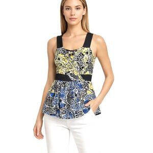 BCBGMaxAzria Silk Peplum Tank Top Floral Black Yellow Blue Size M Zip